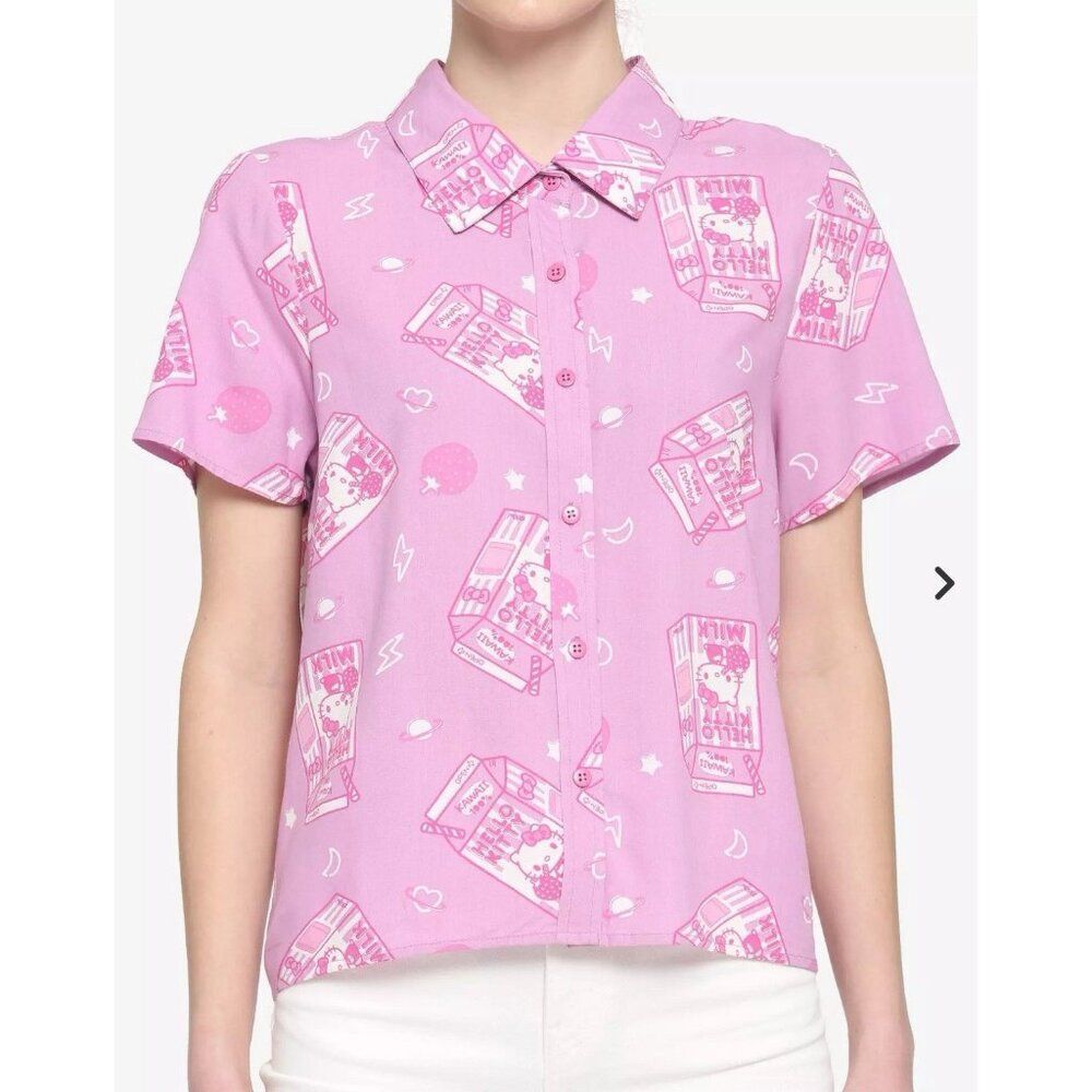 hot topic pink white hello kitty short sleeve button down top Strawberry Milk M